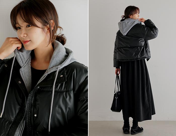 데이빈 레더 레이어드 후드 세미크롭 패딩점퍼