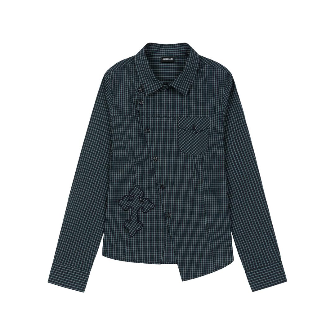 크로스 아플리케 슬림핏 체크 셔츠 - NAVY