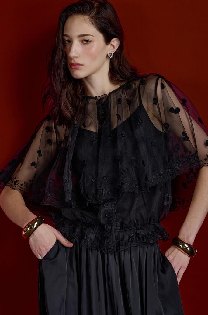 [LANVIN COLLECTION] 튤 플로럴 스캘럽 블라우스