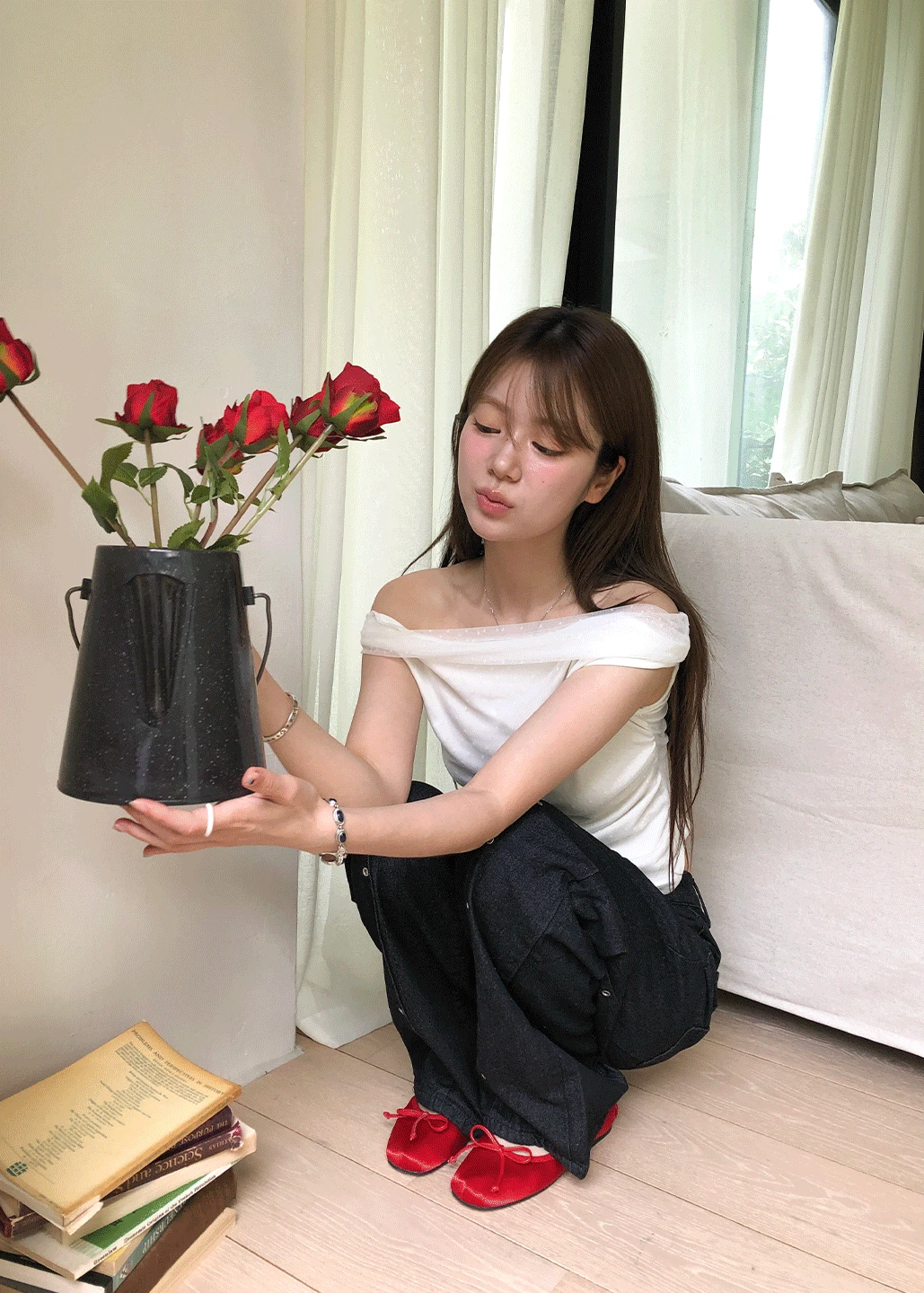 DOT MESH OFF SHOULDER TOP