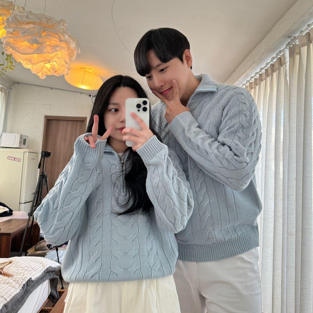 카슈 케이블 반집업 니트 크롭 오버핏 꽈배기 데일리 캐주얼 커플 시밀러룩