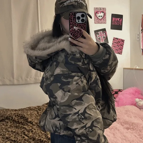 힙한🥵 카모 밀리터리 퍼 후드 패딩 자켓