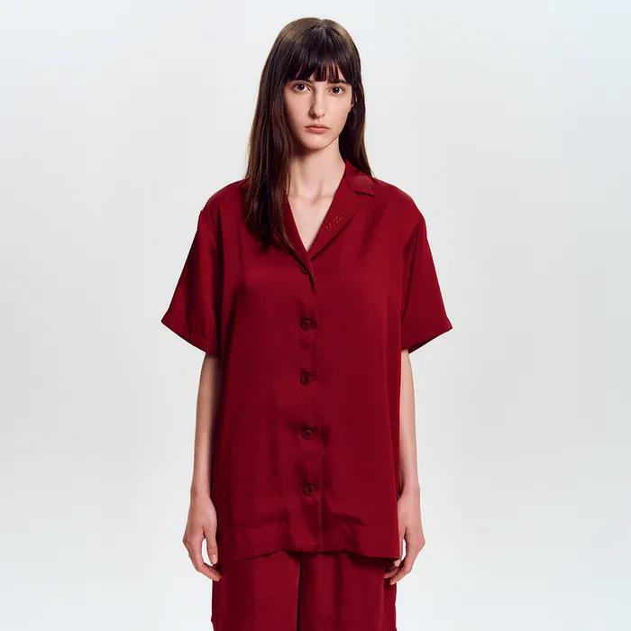 Satin Silky Open Half Shirt_Burgundy