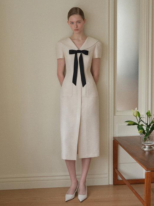 BRIA Sailor collar ribbon tie H-line long dress (Cream/Navy)