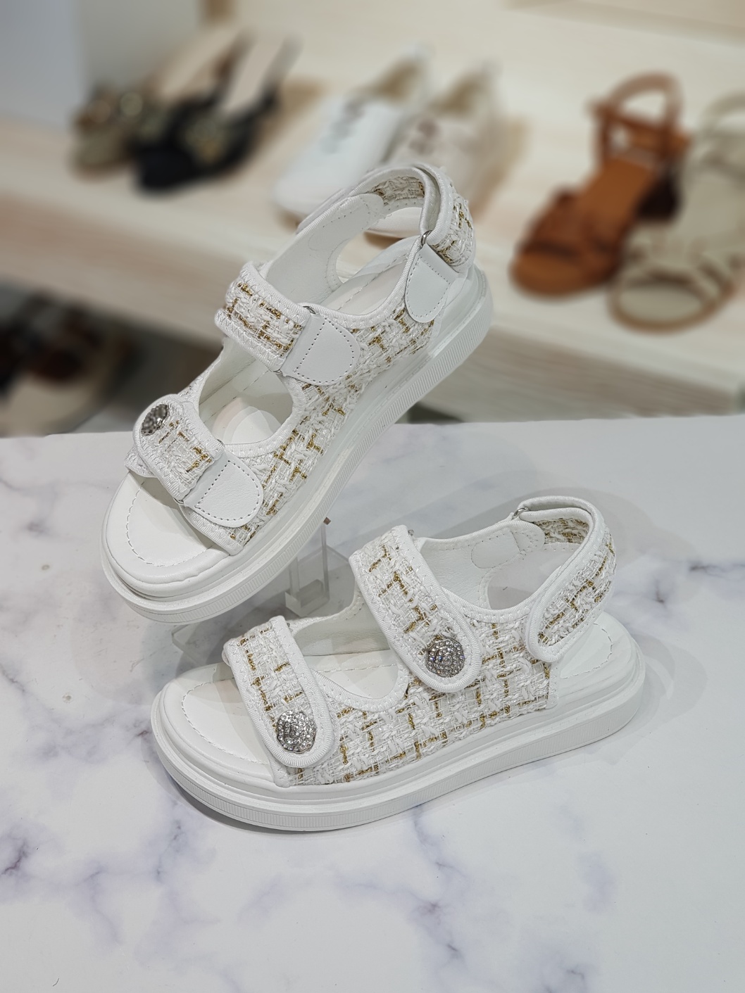 트위드 더블 큐빅 벨크로 스트랩샌들 3.5cm(앞 2.5cm) HS57028rv