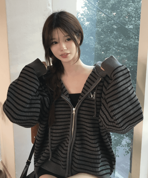 메이 오버핏 스트라이프 핸드워머 니트 후드 집업 남녀공용 (2컬러)