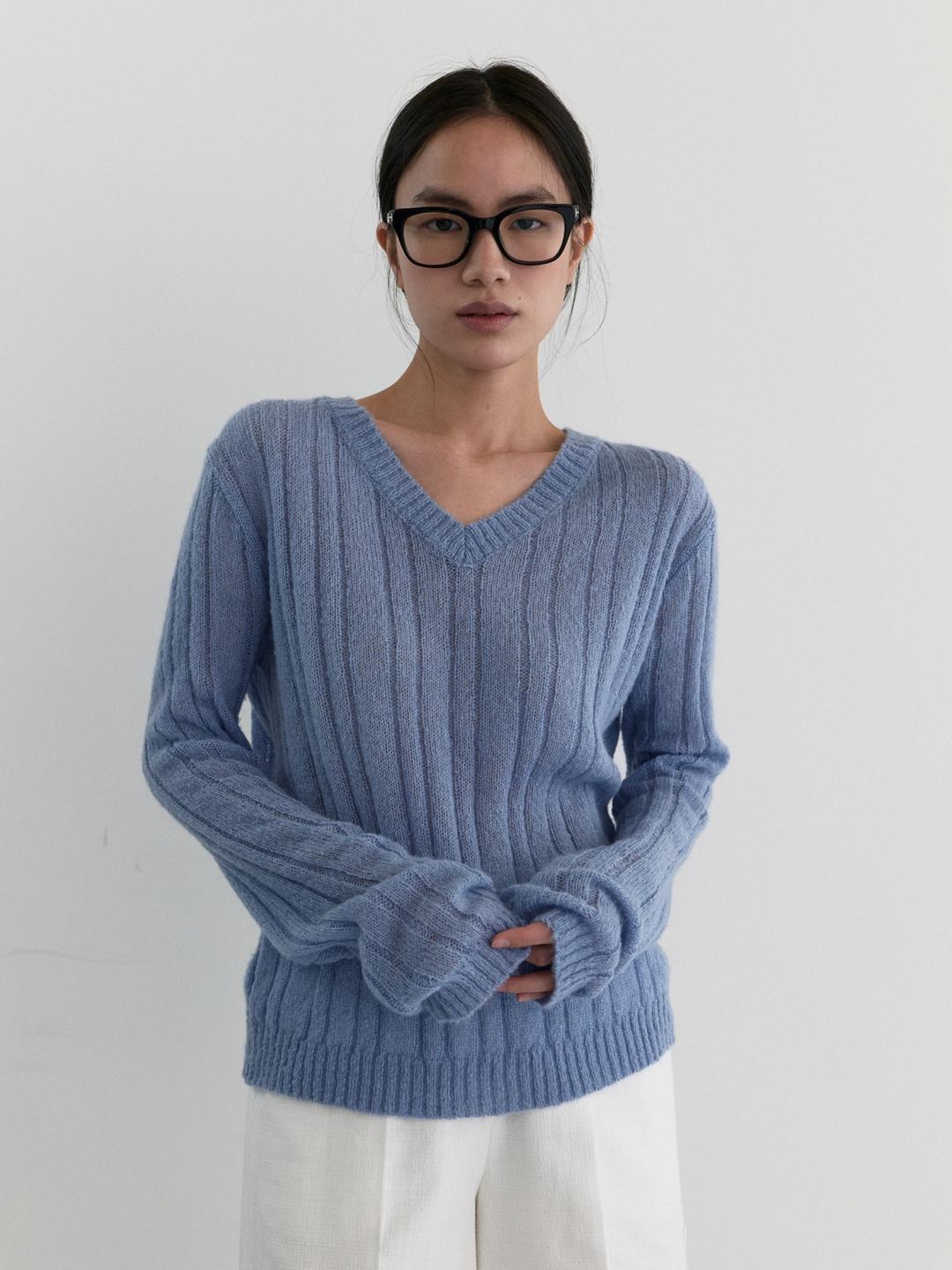 [9차 리오더] SHEER V-NECK KNIT_DUST BLUE