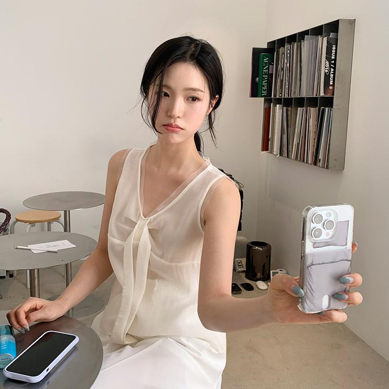 아뜨랑스 (리본타이포인트/타이뷔스티에)[💣빅 할인 아뜨데이 특가]주문폭주  오간자 레이어링 타이 뷔스티에 하객 블라우스 타이뷔스티에 오간자블라우스 여름블라우스 로맨틱블라우스 리본타이 레이어드블라우스 뷔스티에블라우스 시스루블라우스 화이트블라우스 데일리룩 민소매 bs8341