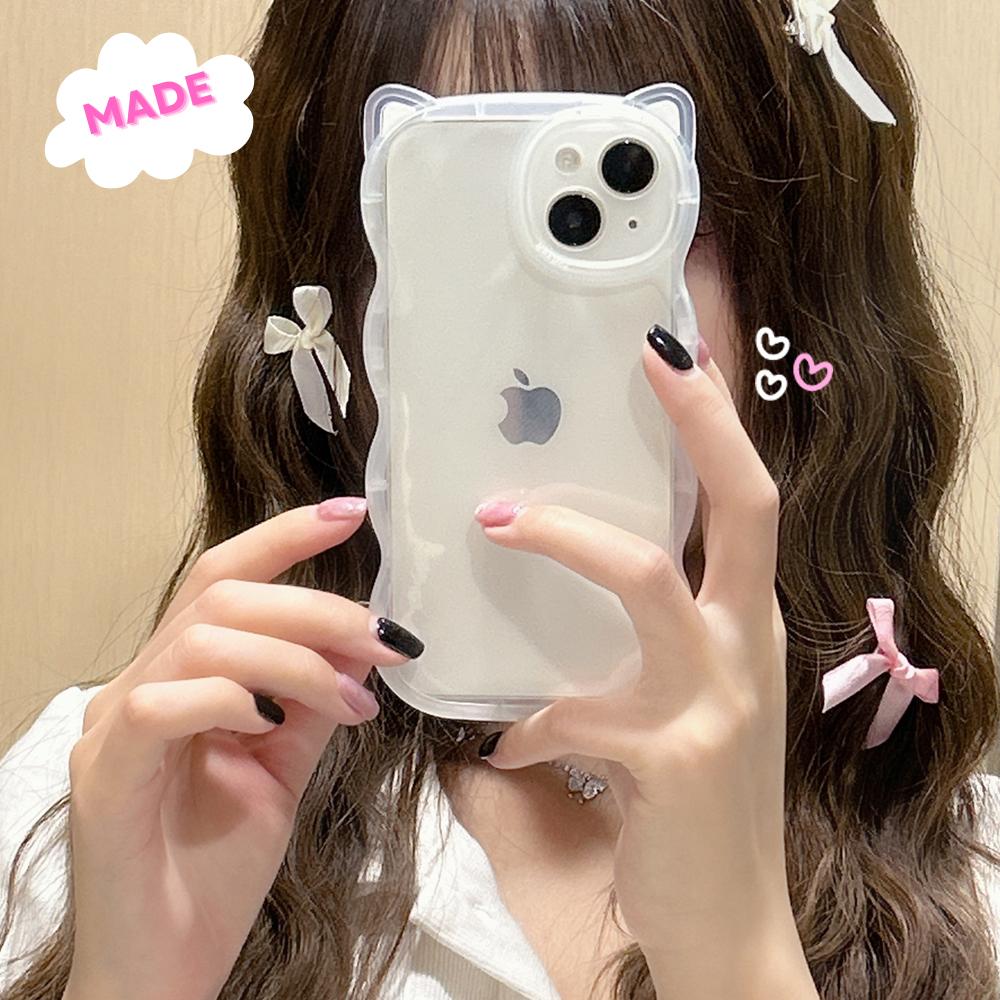 로이로이 [미니🐱기종 오픈]MADE 캣츠이어 웨이브 투명 젤리 아이폰케이스 [7 8 se x 11 12 13 14 15 프로 맥스 플러스 핸드폰 휴대폰]