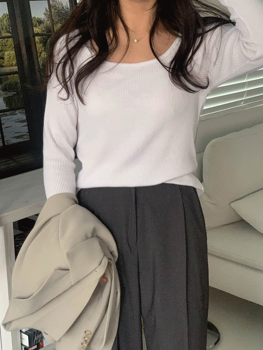 밀러 골지 라운드 입술 유넥 긴팔 티셔츠 - t