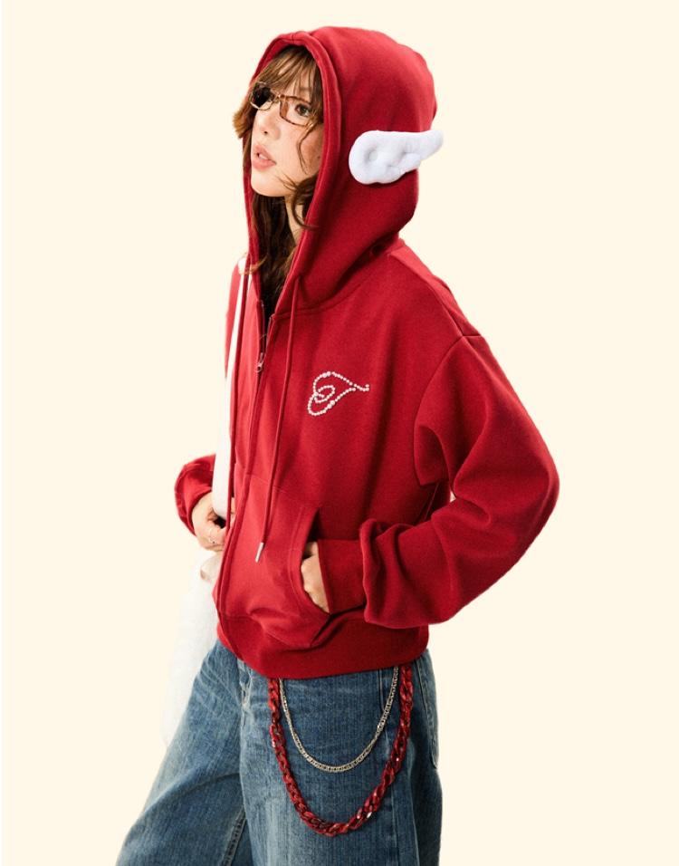 YOUNG STAGE Small Wings Red Hoodie Zip-Up