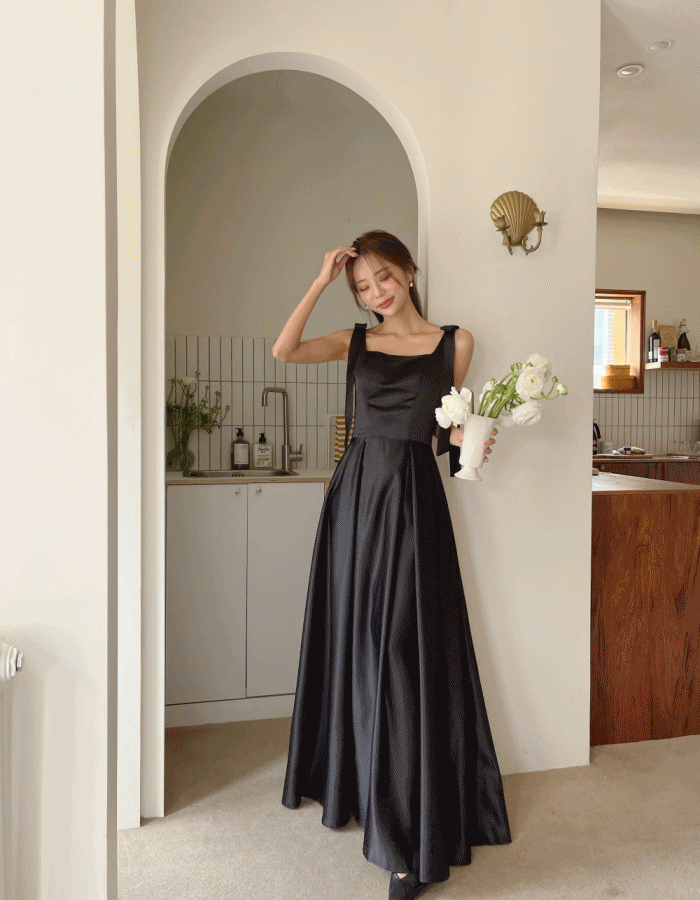 양리본 블랙 셀프웨딩 원피스, 민소매 브라이덜샤워 스냅촬영 새틴 2부 드레스