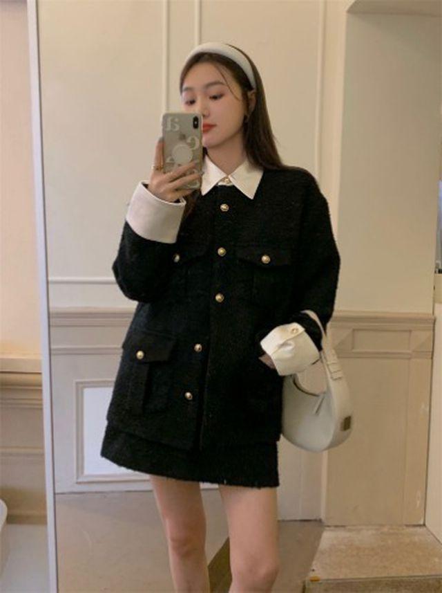 [해외][투피스 세트] 트위드 체크 도톰 블랙 화이트 카라 자켓 jk + 정장 세미 캐주얼 금장 단추 하객룩 미니 스커트 치마 하객룩 SET 230117