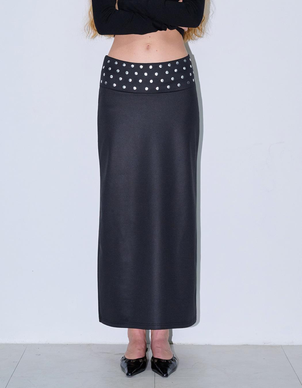 STUDDED WAIST MAXI SKIRT, BLACK