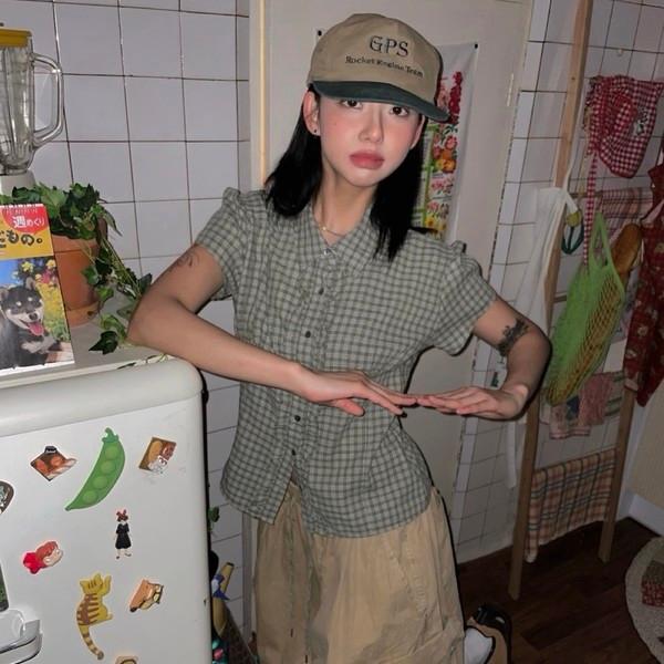 (3color) 프릴 빈티지 체크 린넨 반팔 셔츠