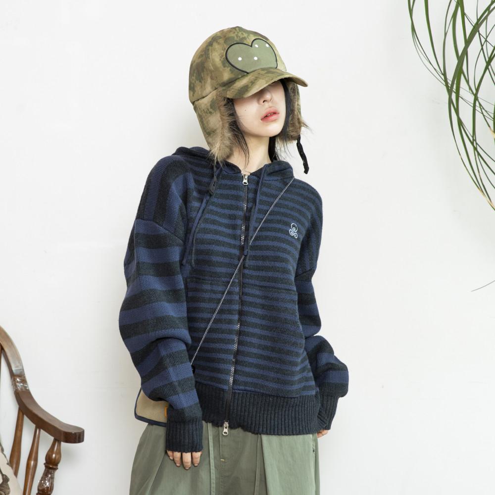 WXK008 언발란스 스트라이프 니트 후드 집업 (NAVY)
