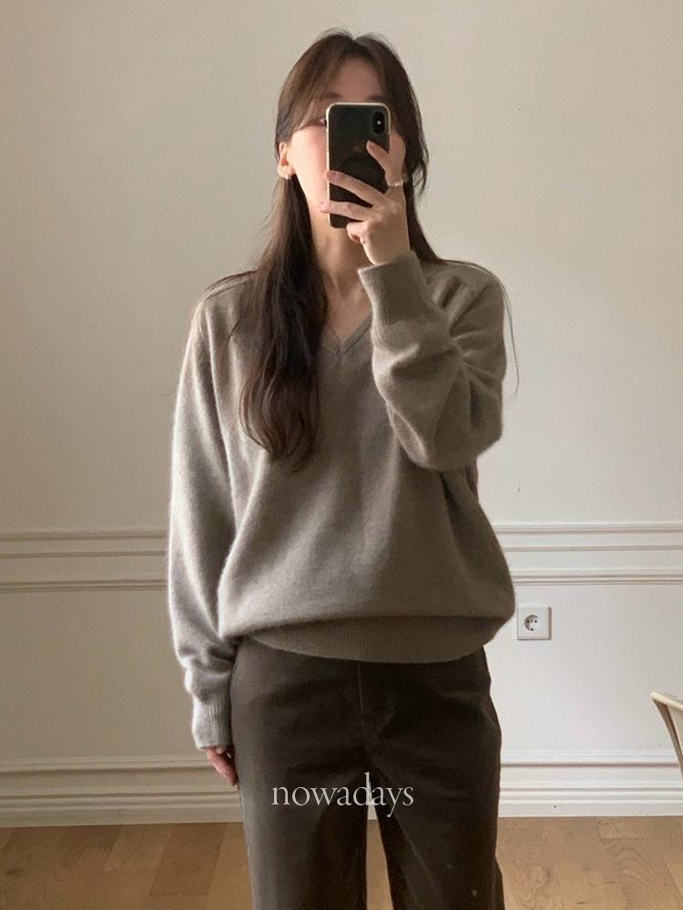 나우어데이즈 fllanel 플라넬 소프트 라쿤 브이 니트 울 긴팔 데일리 베이직 nt (3col)