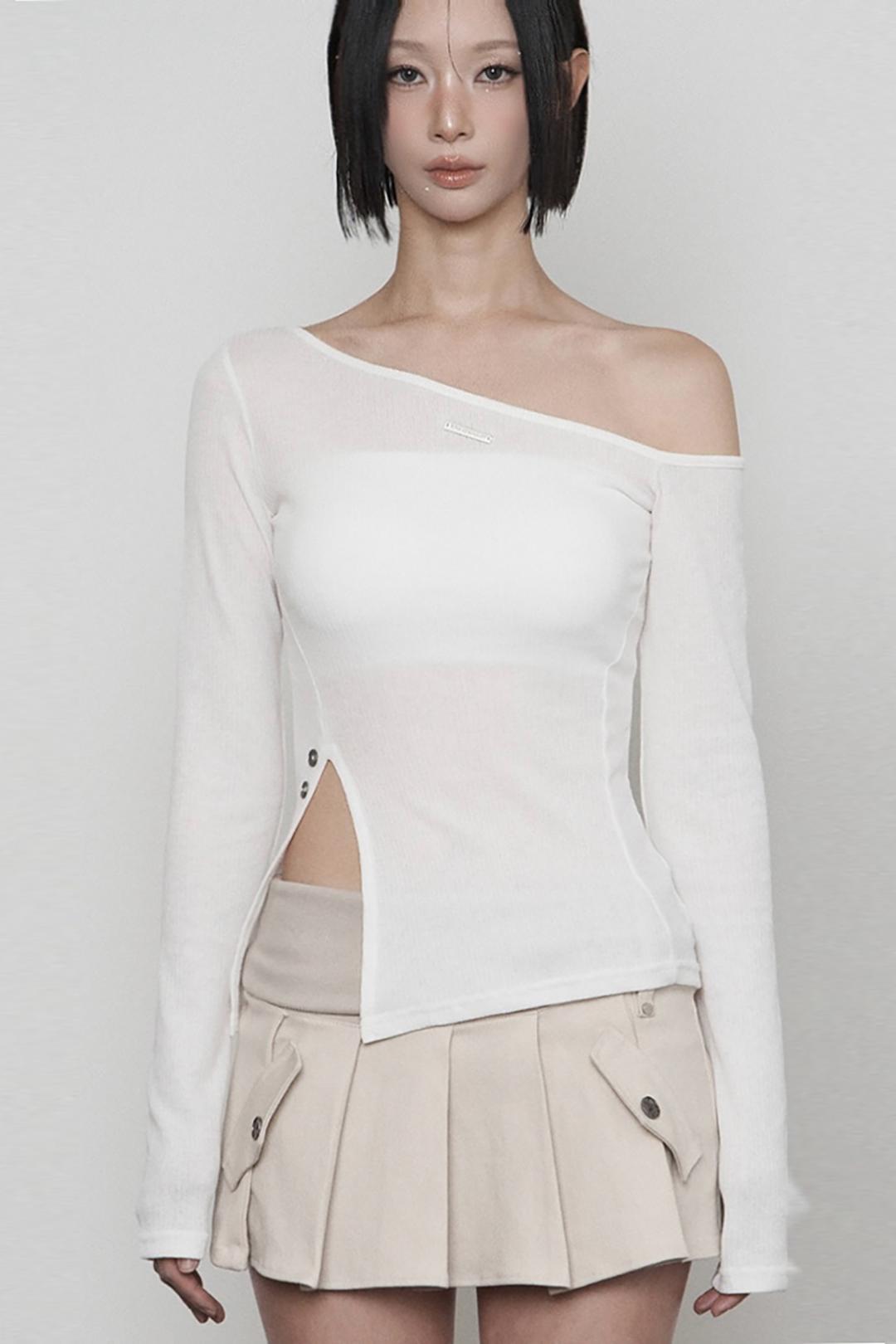 One-shoulder Basic Slit Long Sleeve (WHITE)