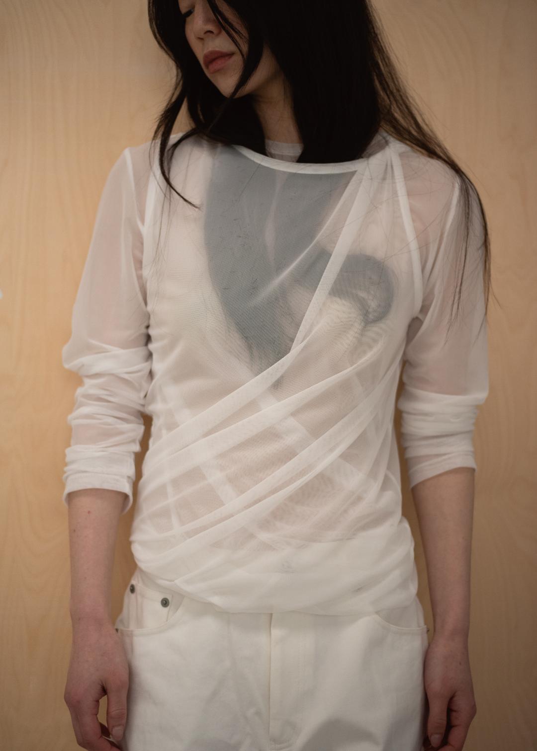 Layered Twist Mesh Top in white