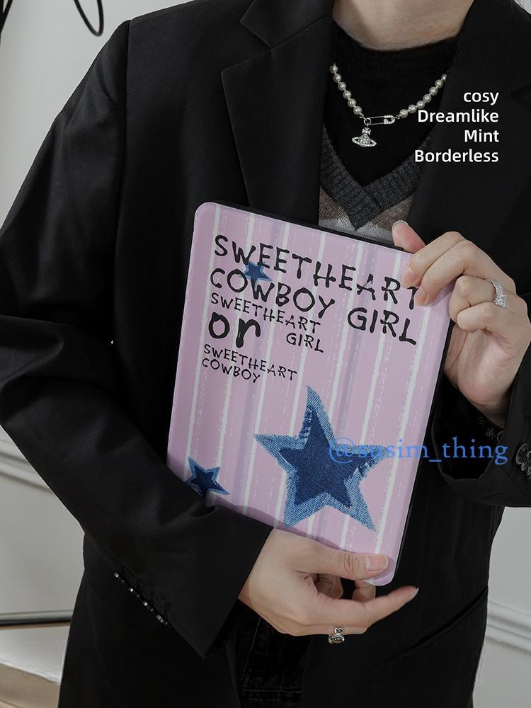 아이패드 Y2K Cowboy Case 레트로 스타 데님 케이스 프로 파스텔 핑크 별 펜슬