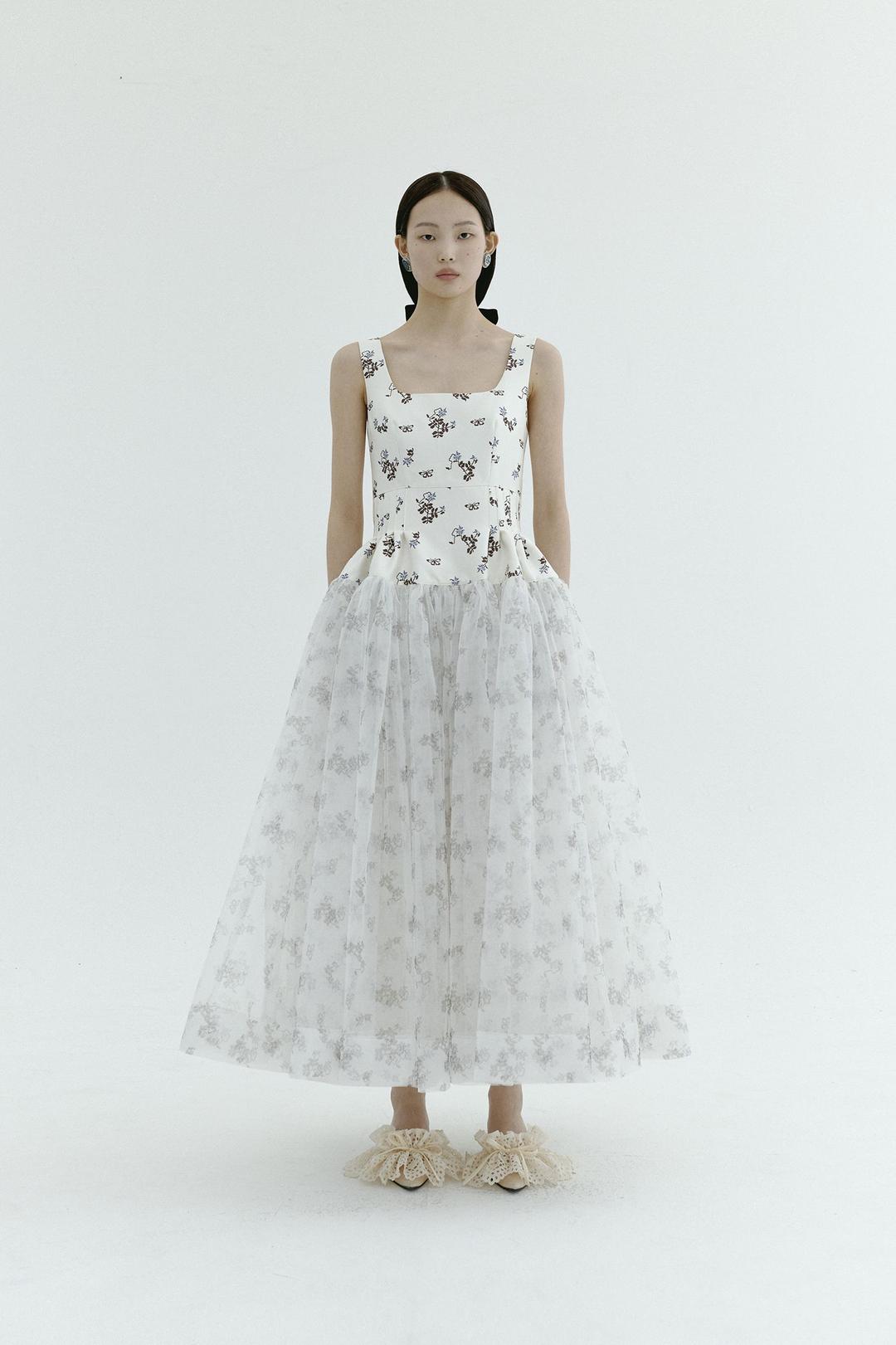 CORSET VOLUME MAXI DRESS - BLUE PRINT (SPECIAL FABRIC/ ORDER-MADE)