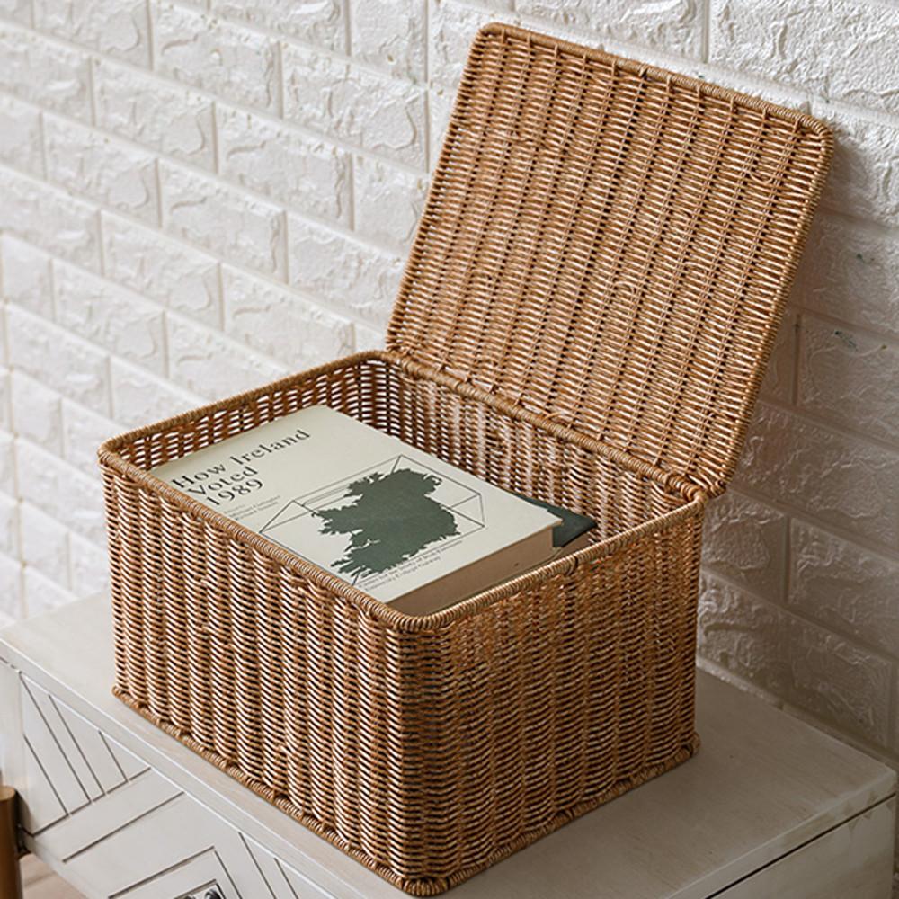 코드86 네츄럴 라탄바구니 바스켓 다용도 수납정리함 피크닉 뚜껑형 보관함 소형