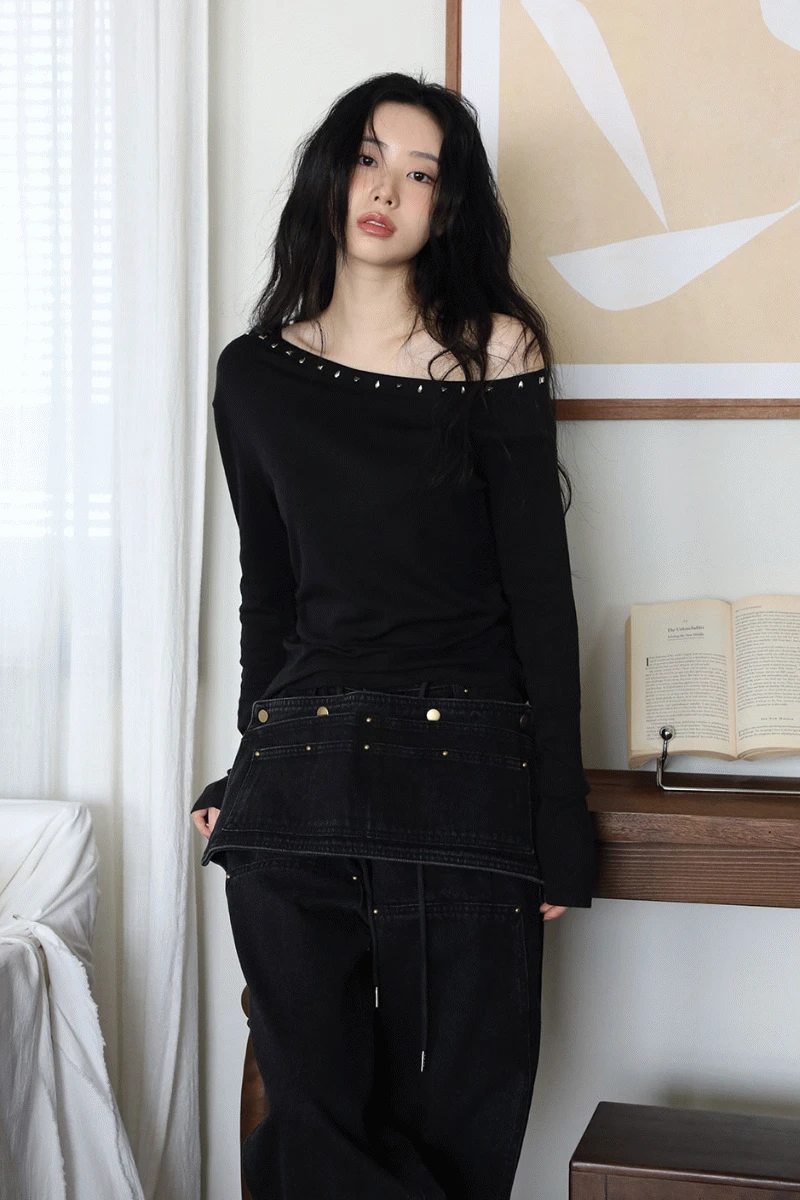 스터드 원숄더 져지 탑