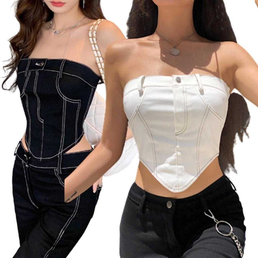 화이트진 데님 탱크탑 크롭 튜브탑 오프숄더 BD5