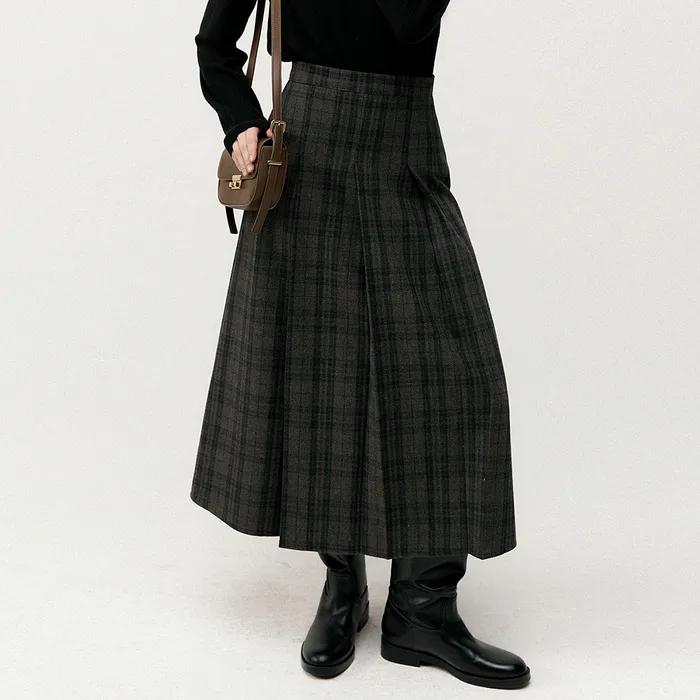 플리츠 울 체크 롱 스커트 - 브라운