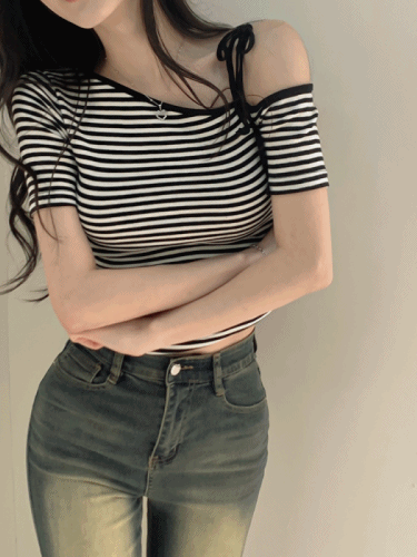 벨라데이 어깨 리본 포인트, 스트라이프 단가라 하프 오프숄더 티셔츠 t (2color)