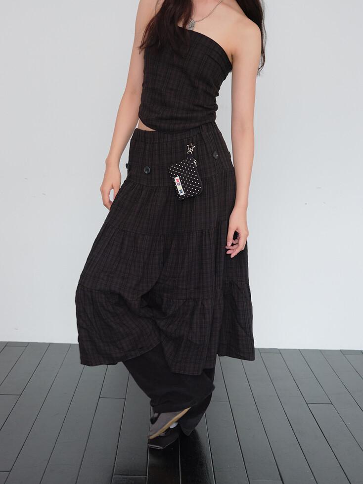 2way Button Shirring Skirt (Black Check)