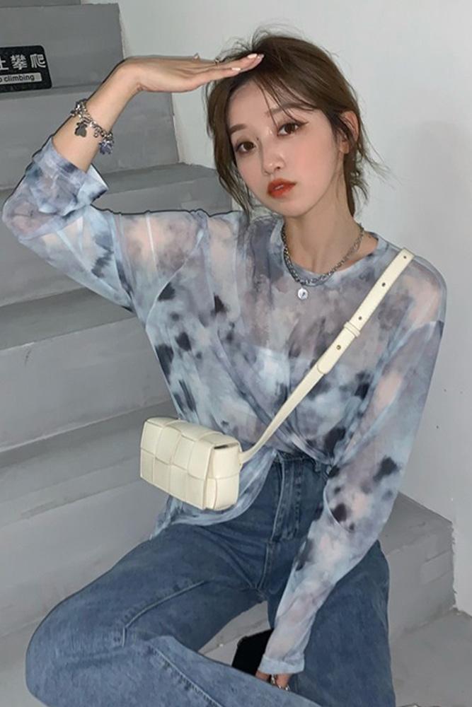 블라우스 레이어드 긴 소매 나염 망사 시스루 티 셔츠 여름 래쉬 가드 상의 루즈핏