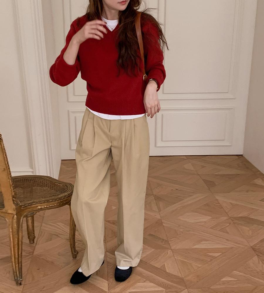 포에부스 더블핀턱 베이지 코튼 면 슬랙스