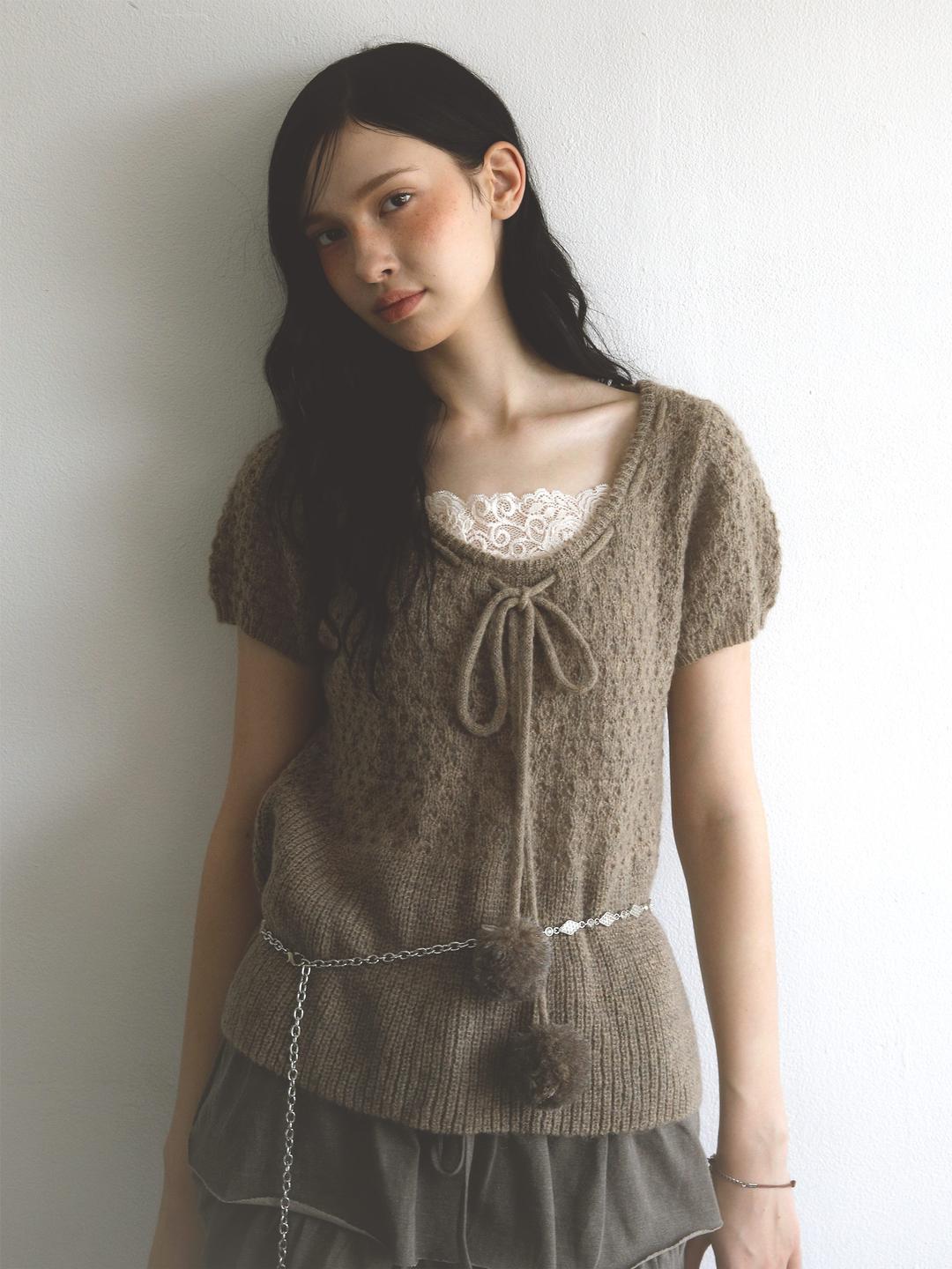Pom Pom Knit Half Top Beige
