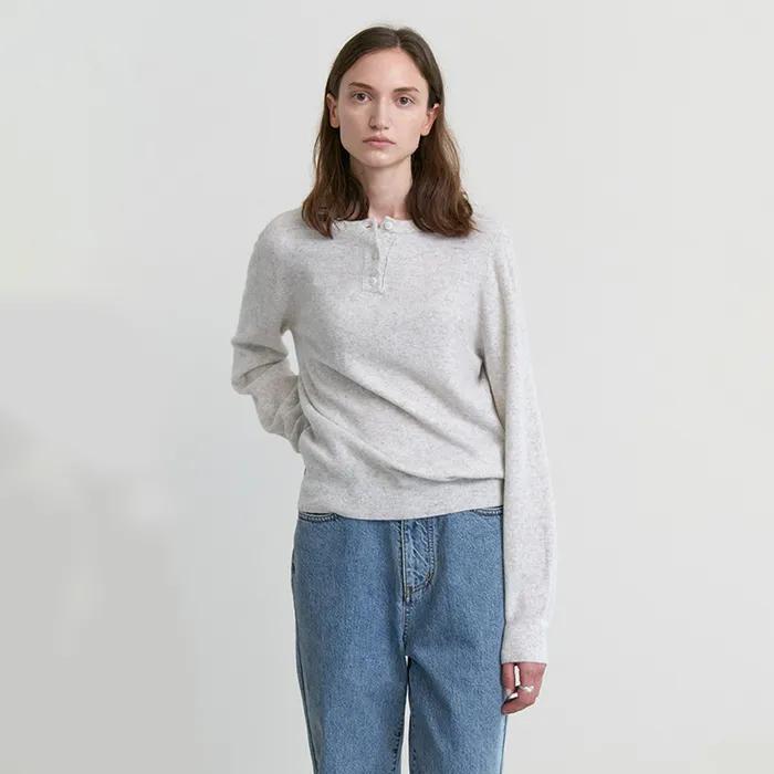 Cashmere henley loose fit knit_LIGHT GREY