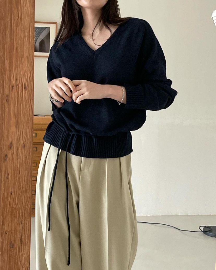 브론즈 이태리 코튼 니트 브이넥 긴팔 끈 nt (3 color)