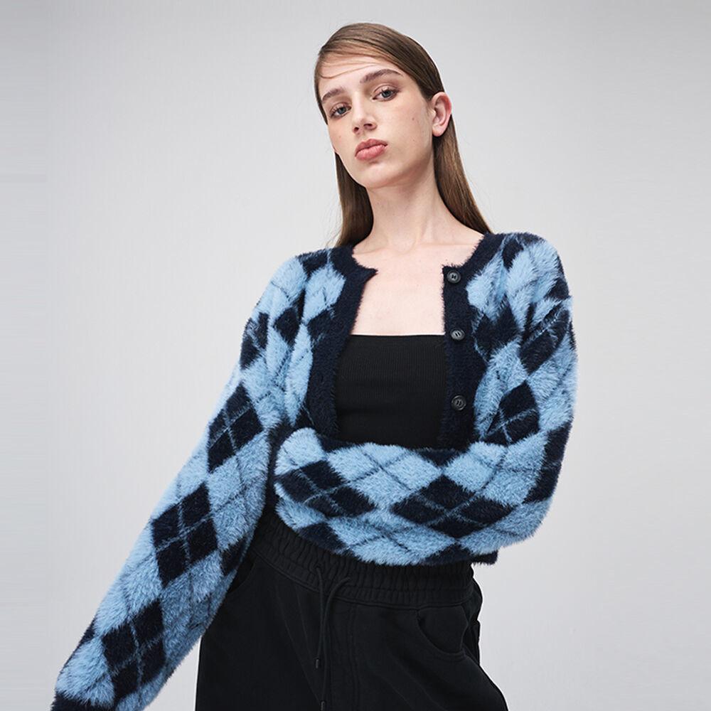 Argyle Fluffy Knit Cardigan, Sky Blue