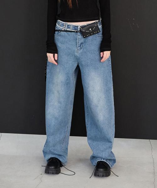 Eyelet Denim Pants Medium Blue