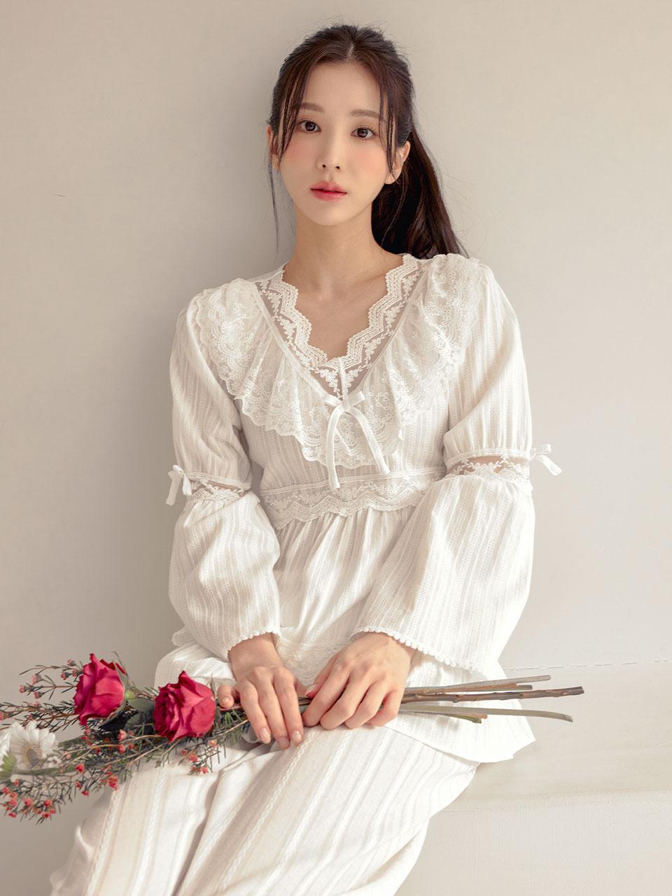 여성 햅번 도비면 긴소매 투피스 잠옷 23-06632