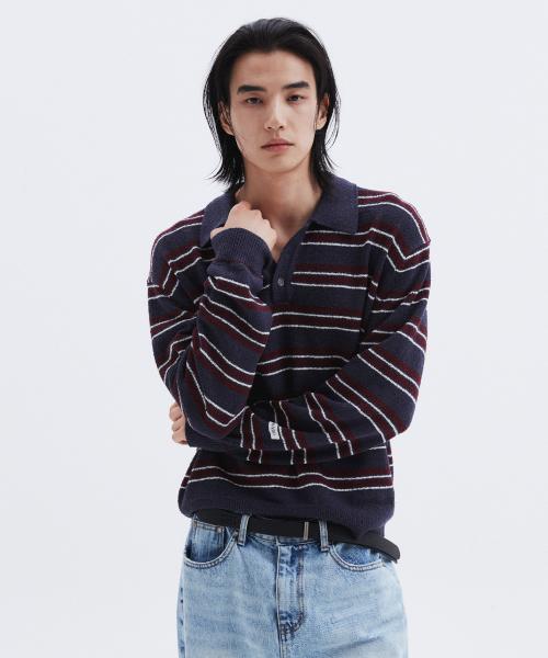 스트라이프 카라 니트 - NAVY