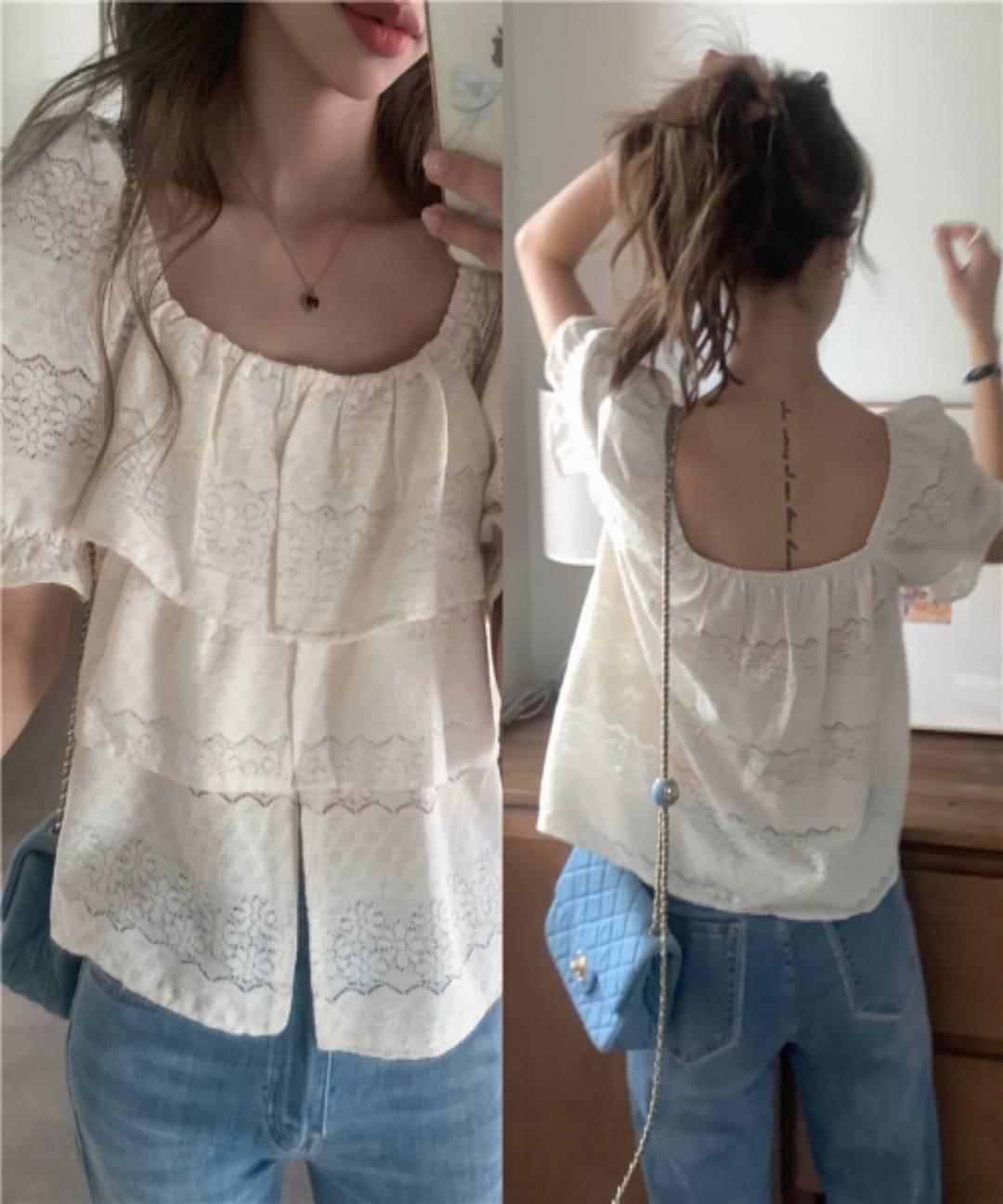 쉬폰 스퀘어넥 반팔 프릴 블라우스