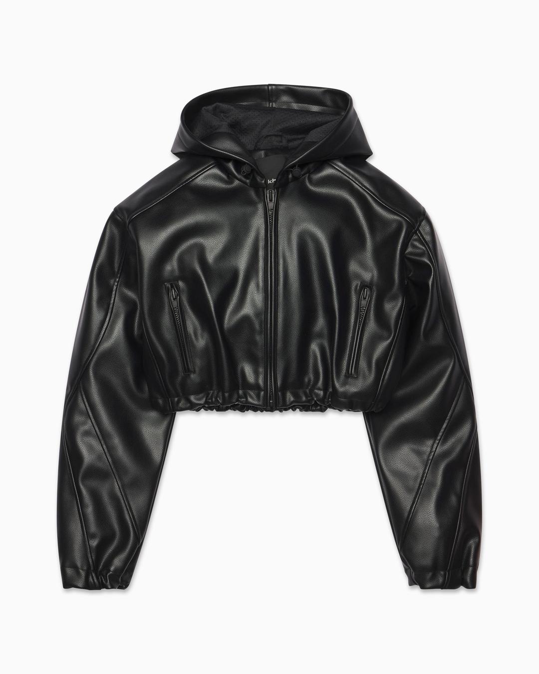 Faux Leather Cropped Hooded Jacket - XL