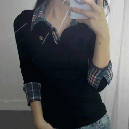 프레피/고급버전🖤체크 레이어드 슬림 카라 t