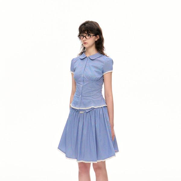 RN White Blue Plaid Lace Short Sleeve Waist Shirt Sweet Skirt Set