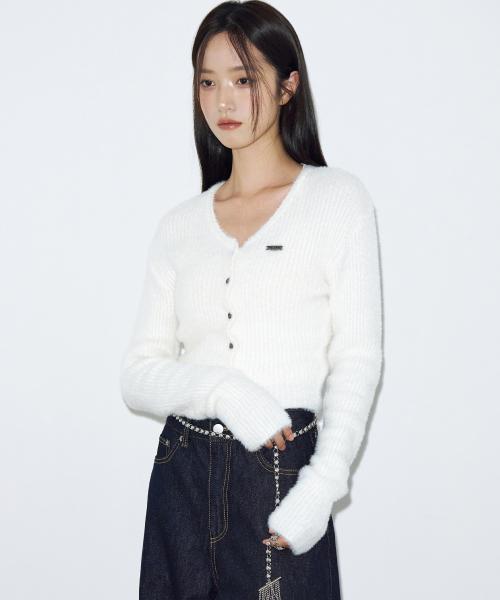 헤어리 롱 슬리브 니트 가디건 [아이보리]