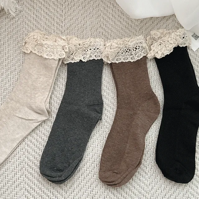 [1+1 구성] 레이스 발목 양말 4Colors (Black, Brown, Ivory, Gray)
