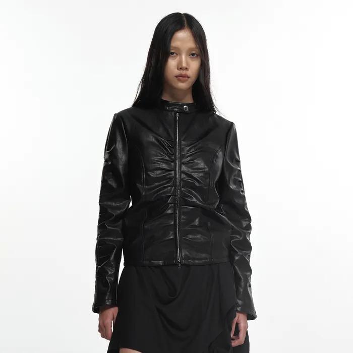 SHIRRING LEATHER JACKET BLACK