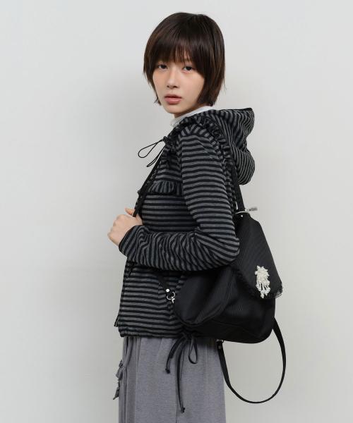 Pearl Trim Ruffled 2-Way Bag [Black]