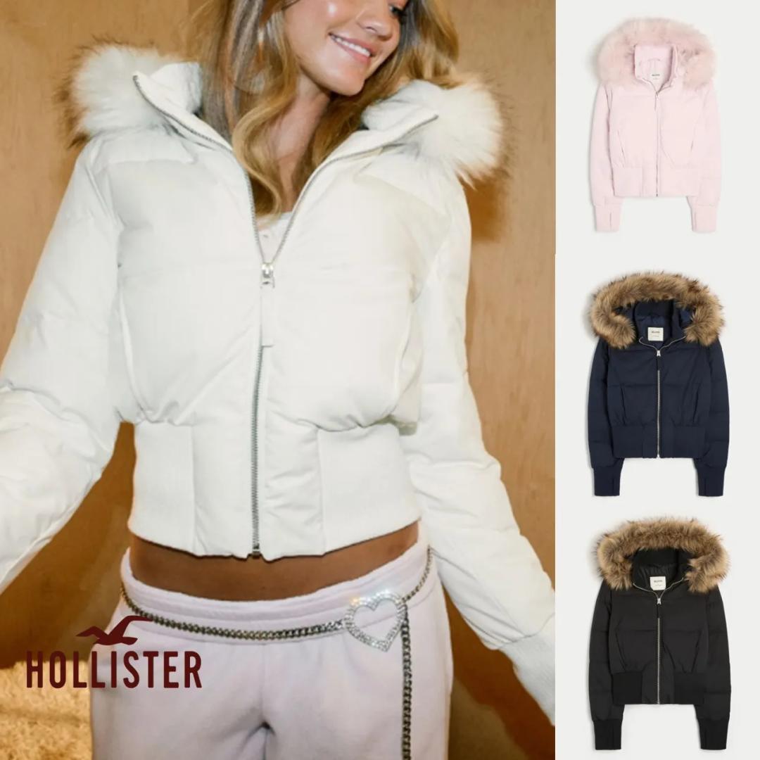 홀리스터 여성 인조 퍼 트림 푸퍼 아우터 패딩 봄버 후드 자켓 블랙 화이트