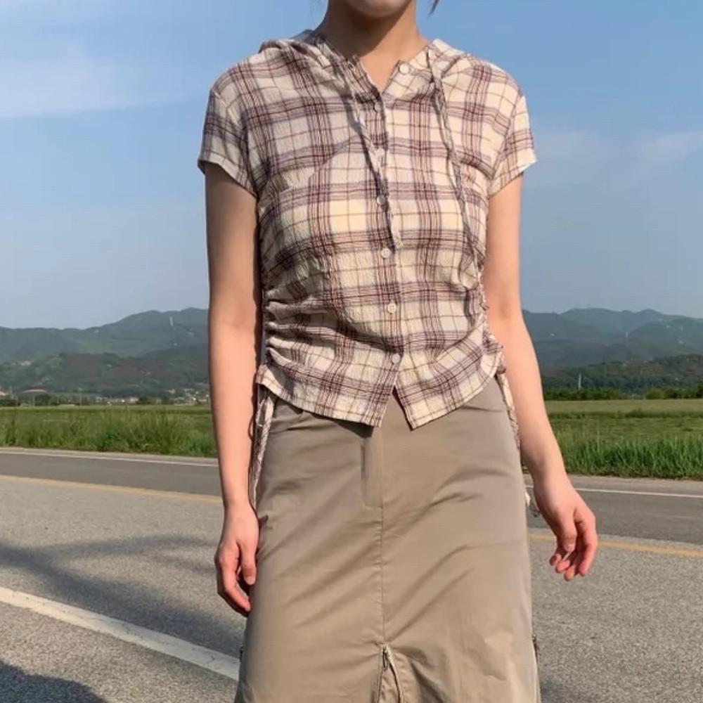 콤마 체크 빈티지 셔링 후드 반팔 셔츠